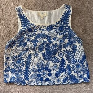 Embroidered Blue Floral Crop Top - ANTHROPOLOGIE